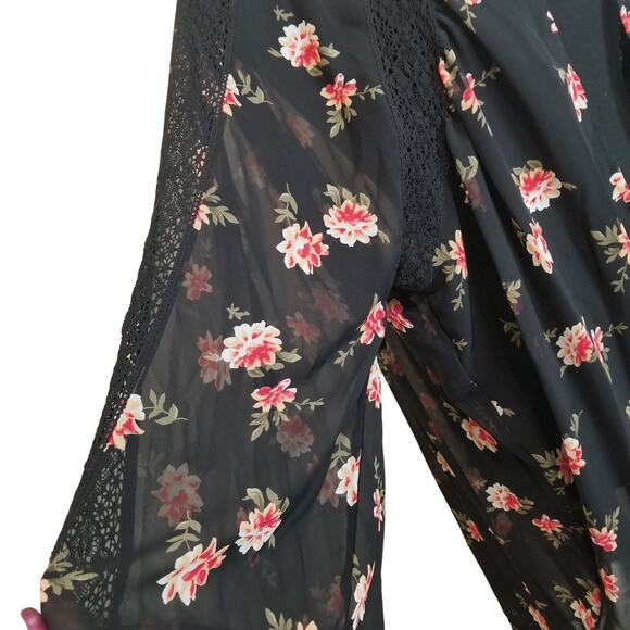 Express Women's Black Floral Sheer Kimono Cardigan Open Front 3/4 Sleeve Size L - Picture 2 of 9